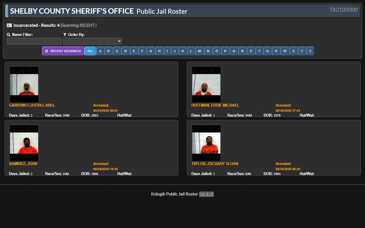 Shelby County jail roster inmate population search interface